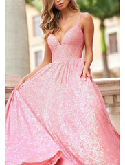 A-Line Prom Dresses Elegant Dress Formal Prom Sweep / Brush Train Sleeveless Spaghetti Strap Tulle with Sequin