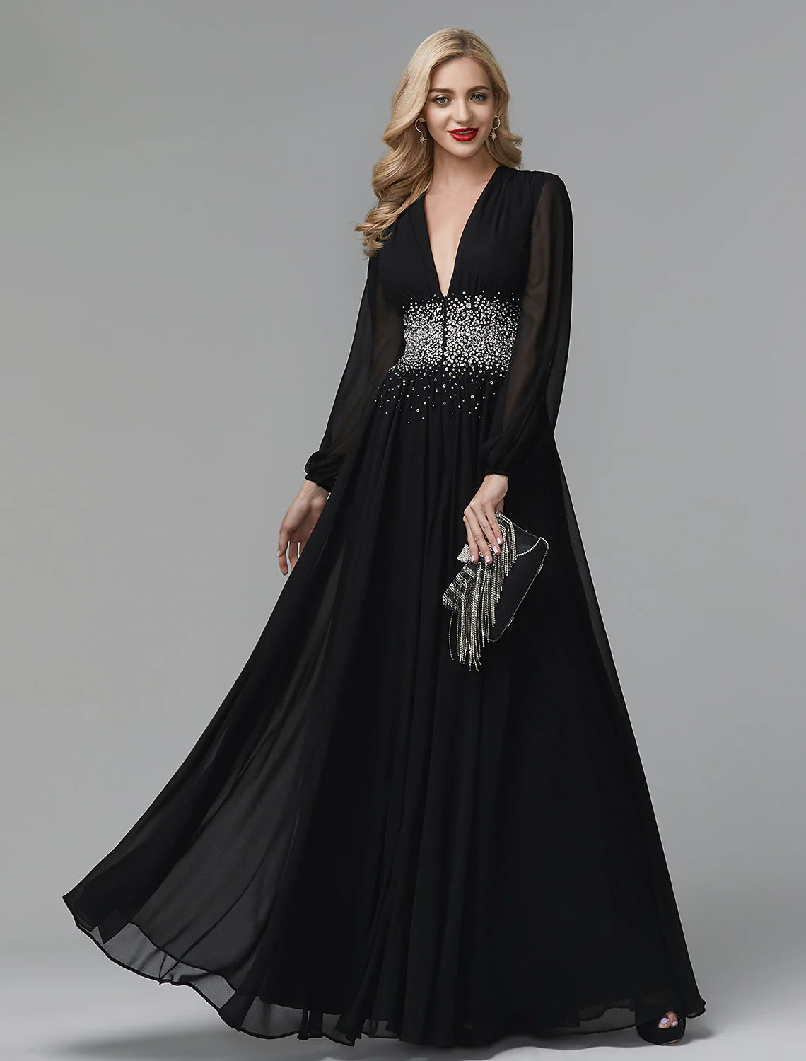 A-Line Evening Dress Celebrity Red Carpet Formal Gown Party Dress Black Tie Wedding Guest Floor Length Long Sleeve V Neck Chiffon with Sequin