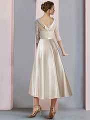 Sheath / Column Mother of the Bride Dress Wedding Guest Party Elegant Scoop Neck Tea Length Satin Lace Half Sleeve with Bow(s)