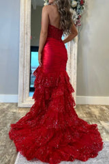 Evaluna | Red Strapless V-Neck Mermaid Pleated Layered Long Prom Dress With Slit