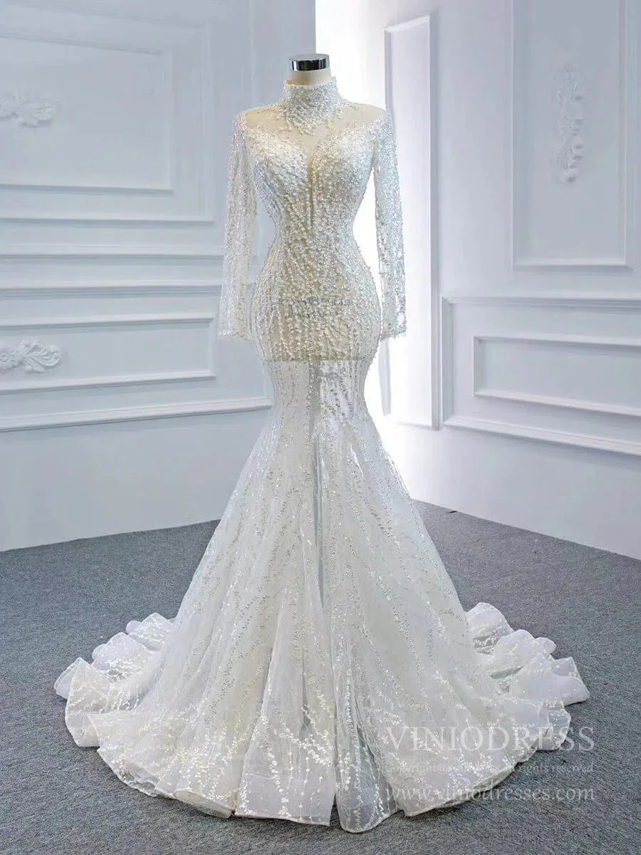 Sexy See Through Mermaid Wedding Dresses with Long Sleeves 67140