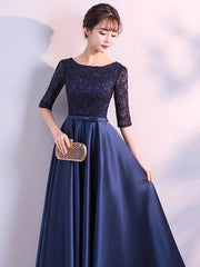 Evening Dresses Dark Navy Long Prom Dress Lace Satin Bow Sash Half Sleeve Formal Gowns