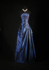 A-Line Navy Blue Strapless Satin Beading Vintage Long Party Dress Evening Dress, HZ0319