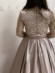 A-Line Evening Gown Elegant Dress Wedding Guest Fall Court Train Long Sleeve V Neck Satin with Pearls Strappy