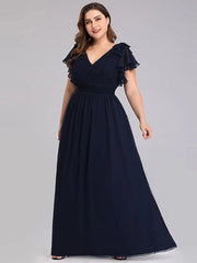 A-Line Mother of the Bride Dress Plus Size V Neck Floor Length Chiffon Short Sleeve with Ruffles