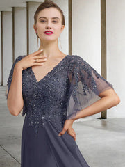 A-Line Plus Size Curve Mother of the Bride Dress Elegant V Neck Floor Length Chiffon Lace Short Sleeve with Beading Sequin Appliques