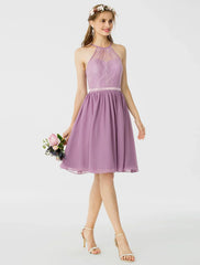 DingjiA-Line / Princess Halter Neck Knee Length Chiffon / Corded Lace Bridesmaid Dress with Sash / Ribbon / Pleats