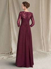 Sheath / Column Mother of the Bride Dress Plus Size Elegant Jewel Neck Floor Length Chiffon Lace 3/4 Length Sleeve with Ruched Appliques