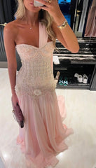 Chiffon Prom Dresses Long with Silver Beaded A Line Wedding Party Outfits