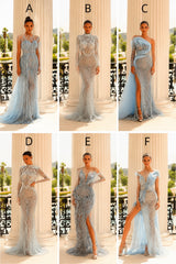 Exquisite Sequined Prom Gown Applique Beadings Mermaid Evening Dress with Feather