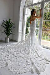 Exquisite Spaghetti Straps Mermaid Floral Wedding Dress with Train