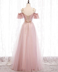 Pink Off Shoulder Lace with Tulle A-line Prom Dresses, Pink Floor Length Party Dresses