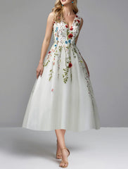 A-Line Prom Dresses Floral Dress Wedding Guest Party Wear Tea Length Sleeveless V Neck Lace with Embroidery Appliques