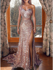 Aimishang  Mermaid Dress Evening Dresses Christmas Red Green Dress Sparkle & Shine Dress Prom Formal Evening Court Train One Shoulder Sleeveless Sequined with Sequin Slit