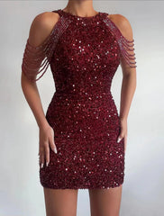 Women's Fringe Dress Pink Black Sequin Dress Party Dress Sparkly Dress Homecoming Dress Bodycon Mini Dress Black Sleeveless Tassel Beads Spring Crew Neck Hot Elegant