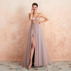 A Line V Neck Champagne Prom Dresses Beading Spaghetti Straps
