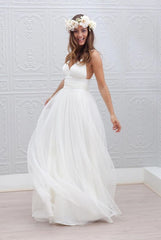 Spaghetti Straps Ruched Tulle Boho Beach Wedding Dress