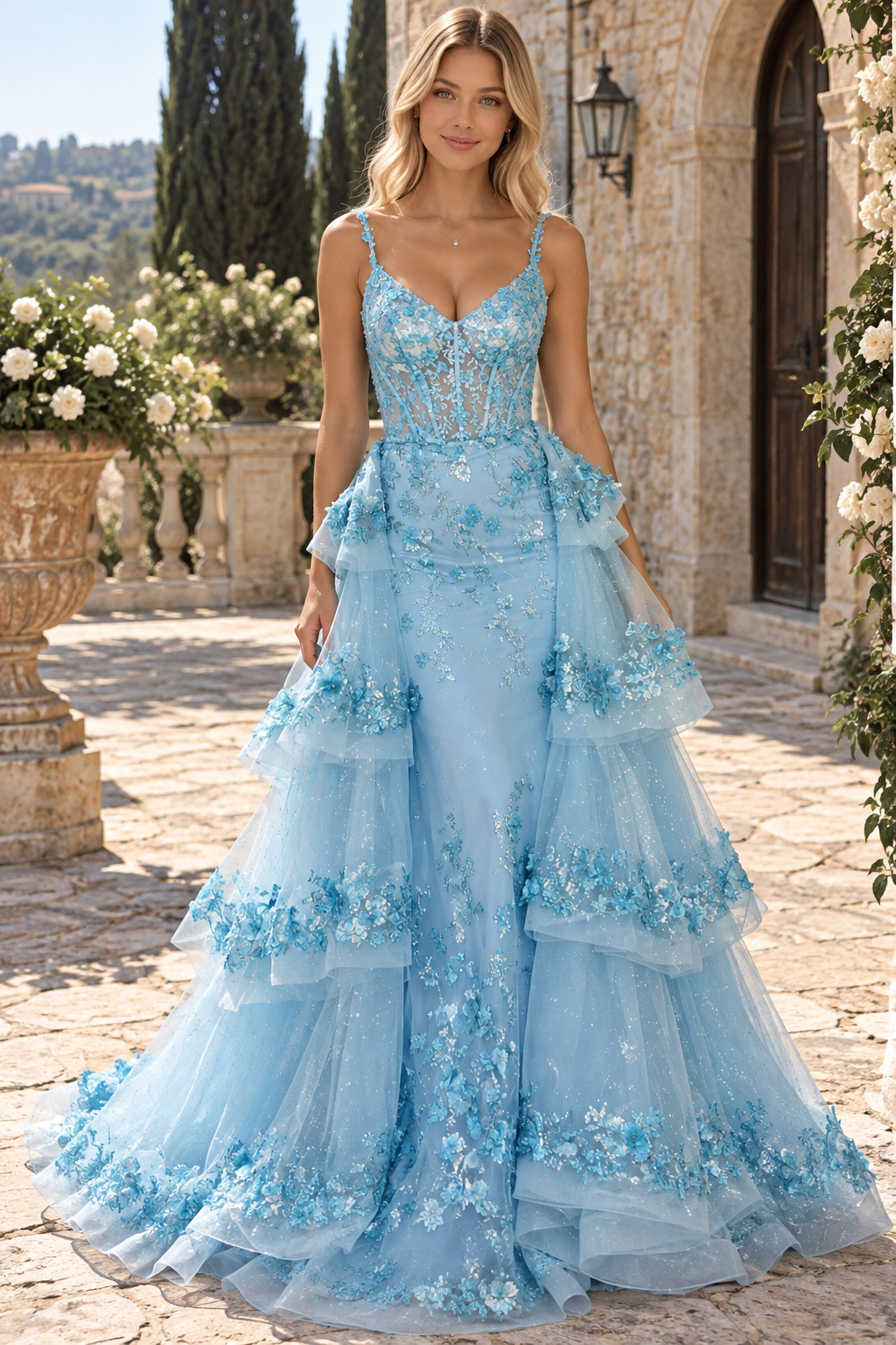 Blue Sequin Lace V-Neck Pageant Dress with Attached Train