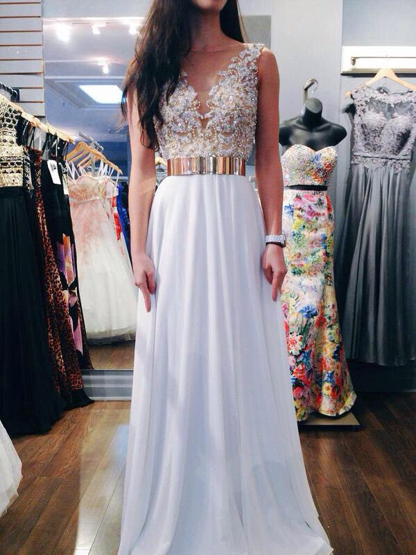 A Line Round Neck Backless White Chiffon Prom Dress, Wedding Dress, Formal Dresses