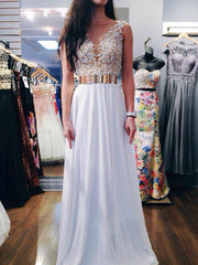 A Line Round Neck Backless White Chiffon Prom Dress, Wedding Dress, Formal Dresses