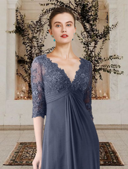 A-Line Mother of the Bride Dress Elegant V Neck Chiffon Lace Half Sleeve with Appliques