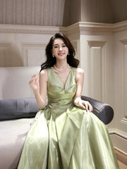 A-Line V Neck Green Tea Length Prom Dress