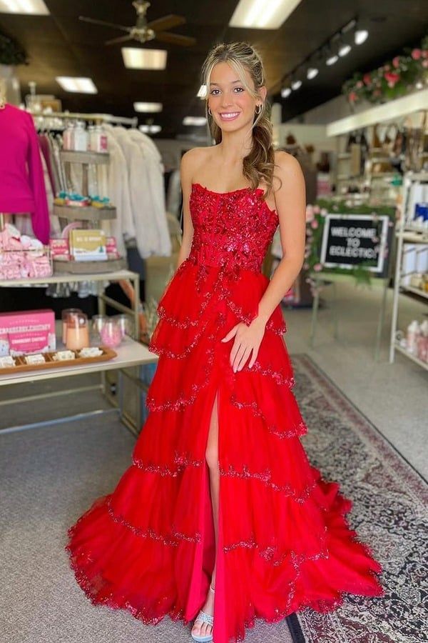 Sequin Strapless Red A-Line Ruffle Prom Dress with Slit