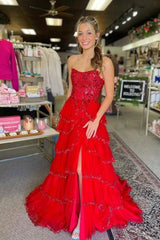 Sequin Strapless Red A-Line Ruffle Prom Dress with Slit