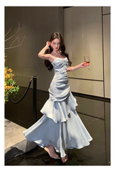 Vintage Blue Sweetheart Spaghetti Strap Mermaid Ruffled Hem Design Sexy Prom Dress Evening Dress HZ1024