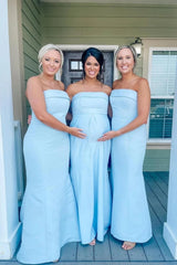 Simple Sheath Strapless Light Blue Satin Bridesmaid Dresses