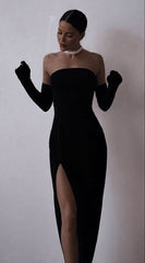 Modest Mermaid Black Prom Dresses With Gloves 22th Birthday Outfit P414