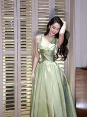 A-Line V Neck Green Tea Length Prom Dress