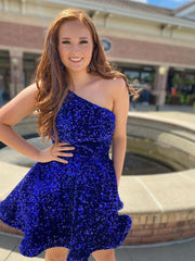 A-Line One Shoulder Royal Blue Short Homecoming Dress Graduation