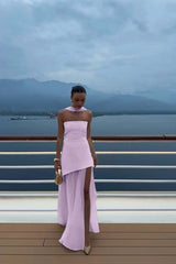 White Strapless Satin Chiffon Split Holiday Summer Prom Dress