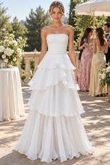 Strapless Tiered Scoop Sleeveless Ruffles White Prom Formal Dress