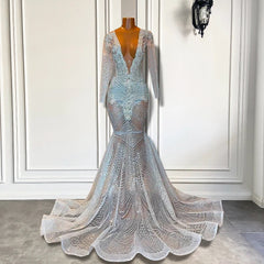 Mermaid prom-jurk met diepe V-neck lange mouwen Beadings