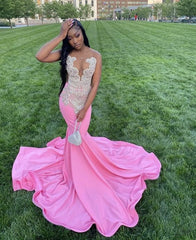 Pink gorgeous exquisite beaded elegant stunning mermaid long satin floor length train prom dress evening gown party dress gh2427