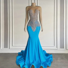 Oceaanblauwe mouwloze mermaid prom -jurk met lange kralen