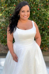 Glittery Square Neck Backless A-Line Long Wedding Dress