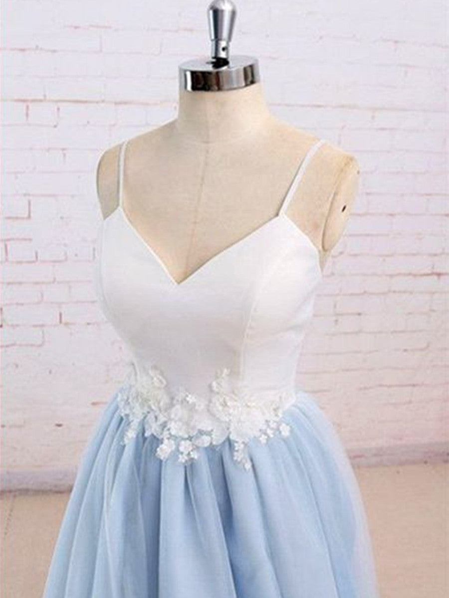 Sweetheart Neck Backless Blue and White Sweep Train Lace Prom Dress, Formal Dress