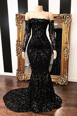 Fabulous Long Sleeve Sequins Mermaid Prom Dresses Black