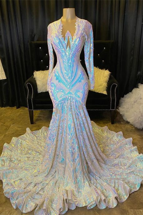 Fantastische lange mouwen prom -jurk zeemeermin pailletten te koop