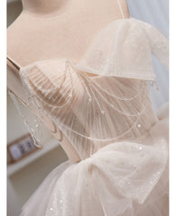 Elegant and noble ivory sleeveless off shoulder beaded bow evening dress ivory thin shoulder strap off back strap prom dress