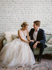 Fairytale Lace Wedding Dresses V Neck Champagne Bridal Gowns VW1109