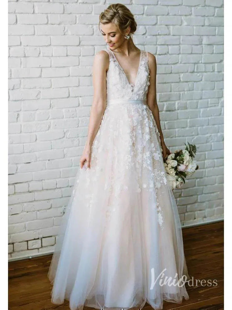 Fairytale Lace Wedding Dresses V Neck Champagne Bridal Gowns VW1109