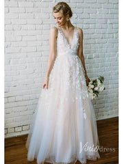 Fairytale Lace Wedding Dresses V Neck Champagne Bridal Gowns VW1109