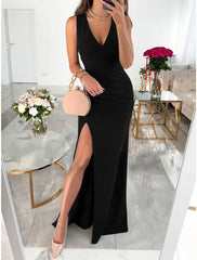 Women‘s Prom Dress Wedding Guest Party Dress Homecoming Dress Sheath Dress Long Dress Maxi Dress Black Red Green Sleeveless Pure Color Backless Summer Spring V Neck Party Evening