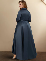 Aimishang A-Line Mother of the Bride Dresses Plus Size Hide Belly Curve High Low Dress Formal Asymmetrical 3/4 Length Sleeve Shirt Collar Satin with Bow(s) Pleats