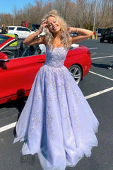 Fashion Criss-Cross Back Lavender Lace Long Prom Dresses, Open Back Lavender Lace Appliqued Formal Evening Dresses