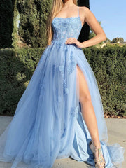 Sky Blue Lace Prom Dresses with High Slit Backless Spaghetti Straps Evening Dresses